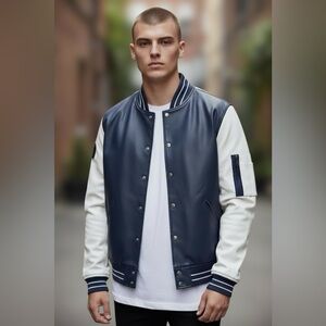 Fried Denim G NYC Navy Blue & White Faux Leather Varsity Bomber Jacket  Medium